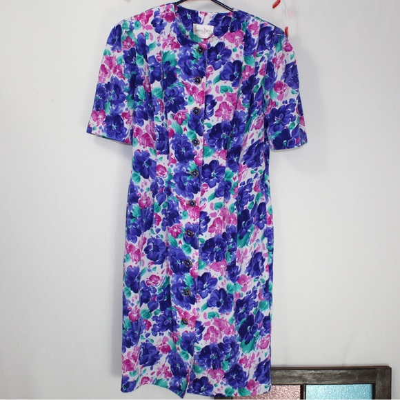 vintage floral button up knee length dress womens 8 petite success dress - Picture 1 of 3